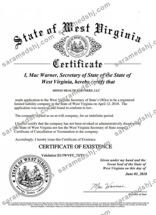 USA West Virginia certificate of good standing